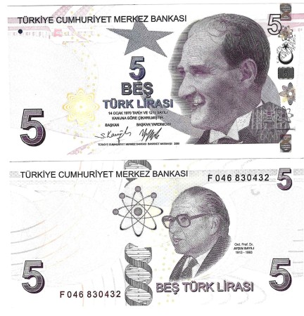Turecko 5 Türk Lirası 2009 (2021)﻿﻿﻿ seria F, podpis: Kavcioglu﻿, UNC	